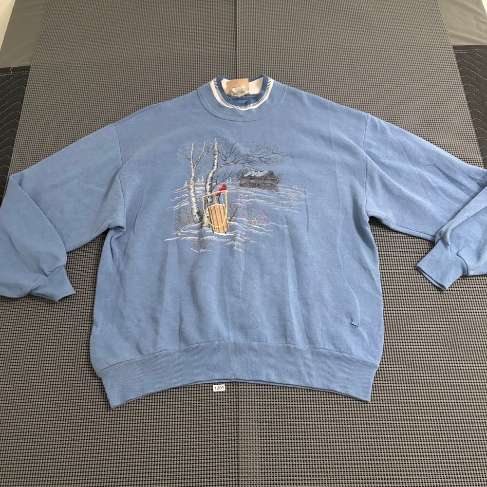 Vintage Top Stitch Morning Sun Blue Winter Cardinal Sled Sweatshirt Large USA